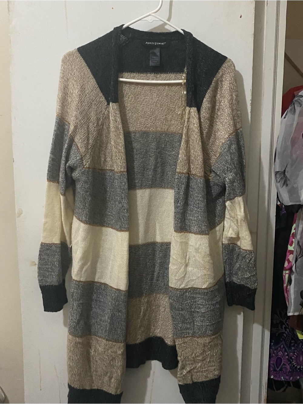 Ashley Stewart Striped Open-Front Cardigan - Cream, Gray, Brown, Black